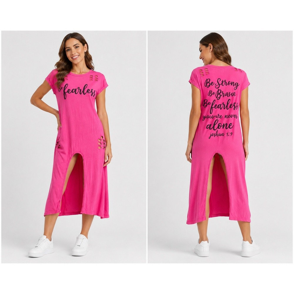 On Fire Pink Be Fearless Joshua 1:9 Distressed Graphic T-Shirt Dress 2X